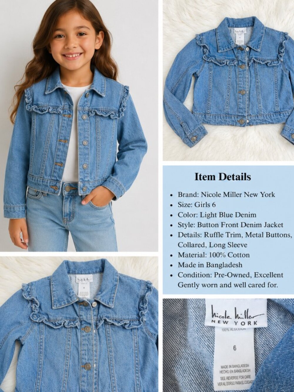 Nicole Miller Girls Size 6 Ruffle Denim Jacket